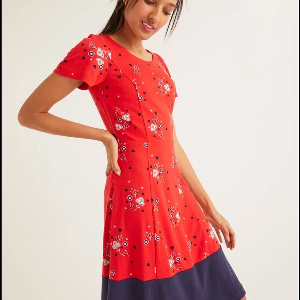 Boden Erica Ponte Red and Navy Floral Midi Dress